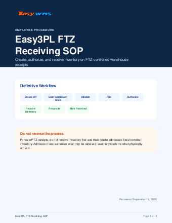First page of FTZ receiving SOP